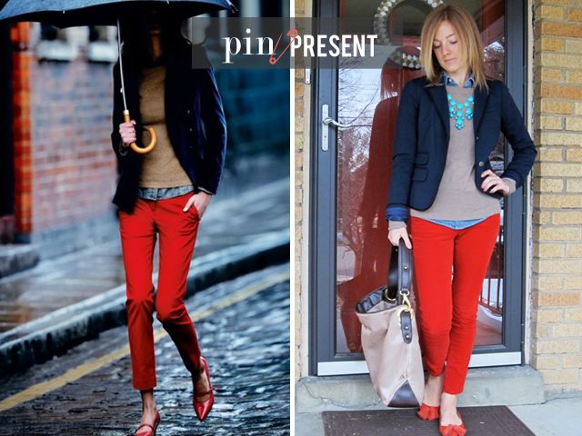 pin to present: red pants and blazer