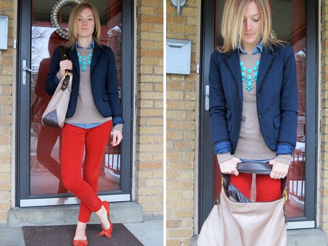 pin to present: red pants and blazer