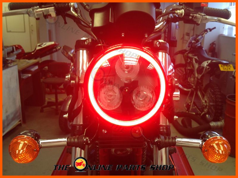 Black Metal Motorbike LED Headlight With Red Halo Ring For Harley